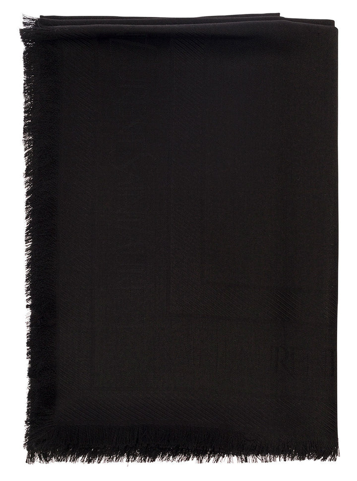 Saint Laurent Men Black Scarf With Jacquard Logo And Fringed Hem In Wool And Silk Man