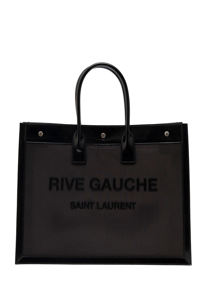 Saint Laurent Women Black Tote Bag With Tonal Rive Gauche Logo In Raphia Woman