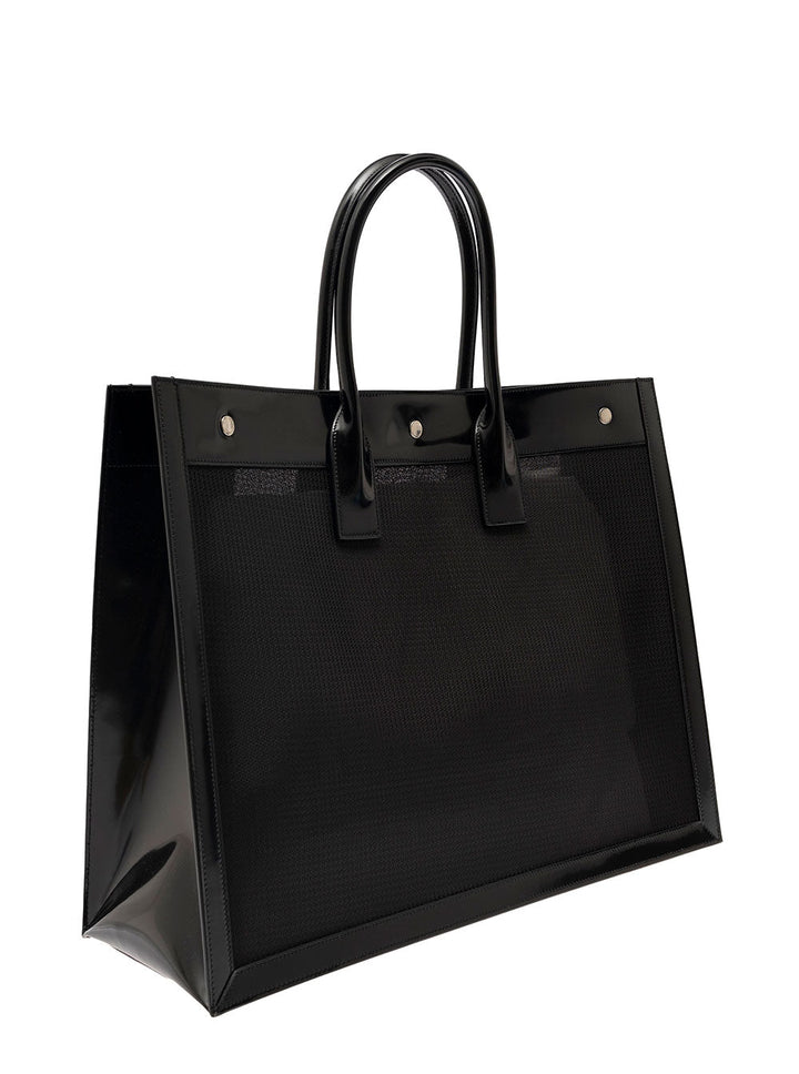Saint Laurent Women Black Tote Bag With Tonal Rive Gauche Logo In Raphia Woman