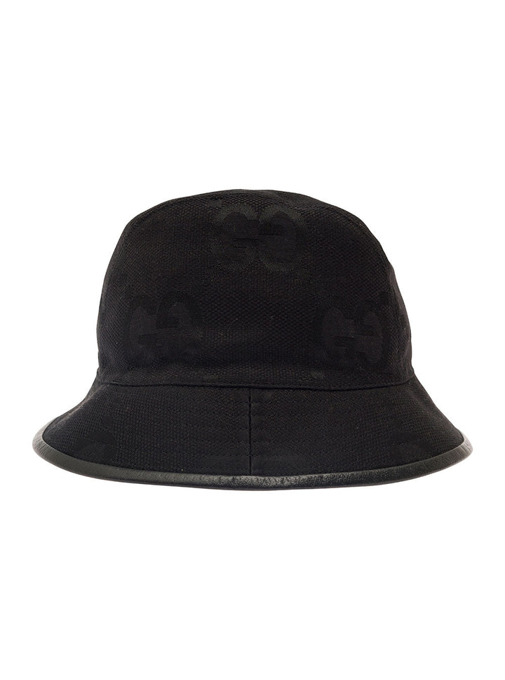 Gucci Men Black Bucket Hat With Leather Trimmings In Gg Jumbo Canvas Man