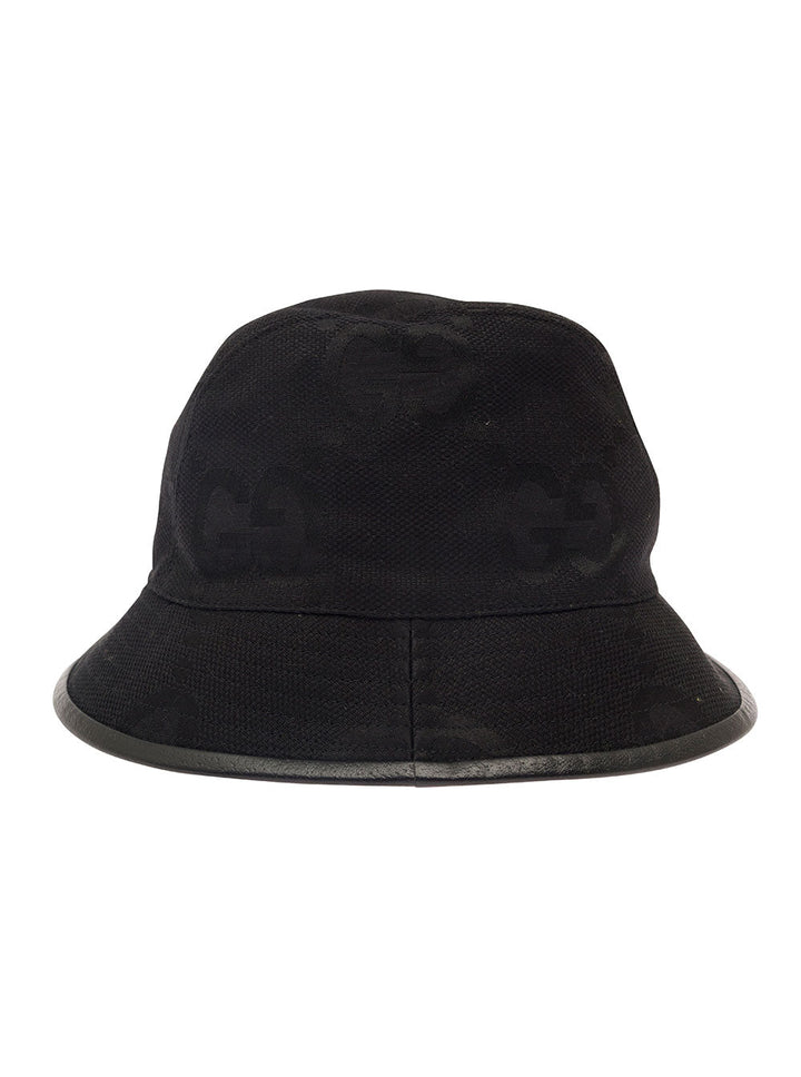 Gucci Men Black Bucket Hat With Leather Trimmings In Gg Jumbo Canvas Man