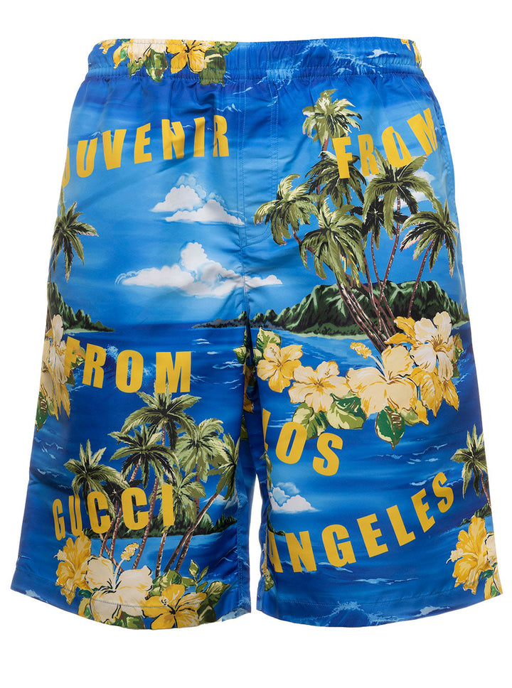 Gucci Men Light-Blue Swim Shorts With All-Over Graphic Print In Nylon Man