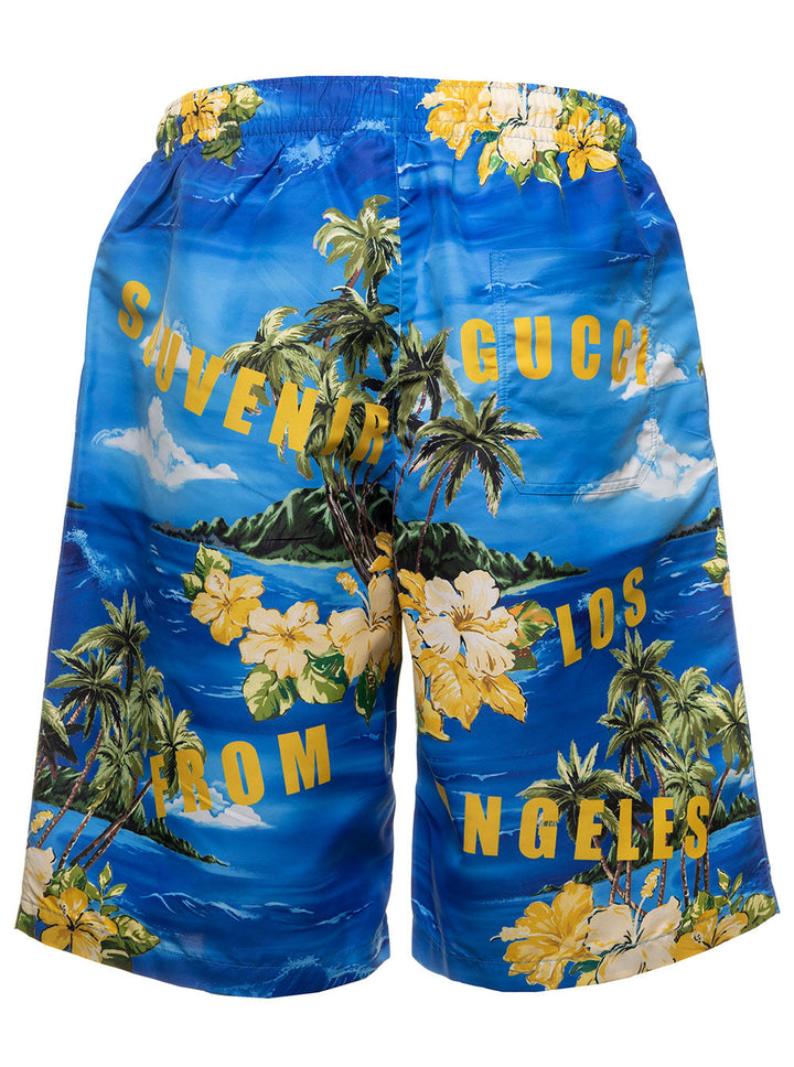 Gucci Men Light-Blue Swim Shorts With All-Over Graphic Print In Nylon Man