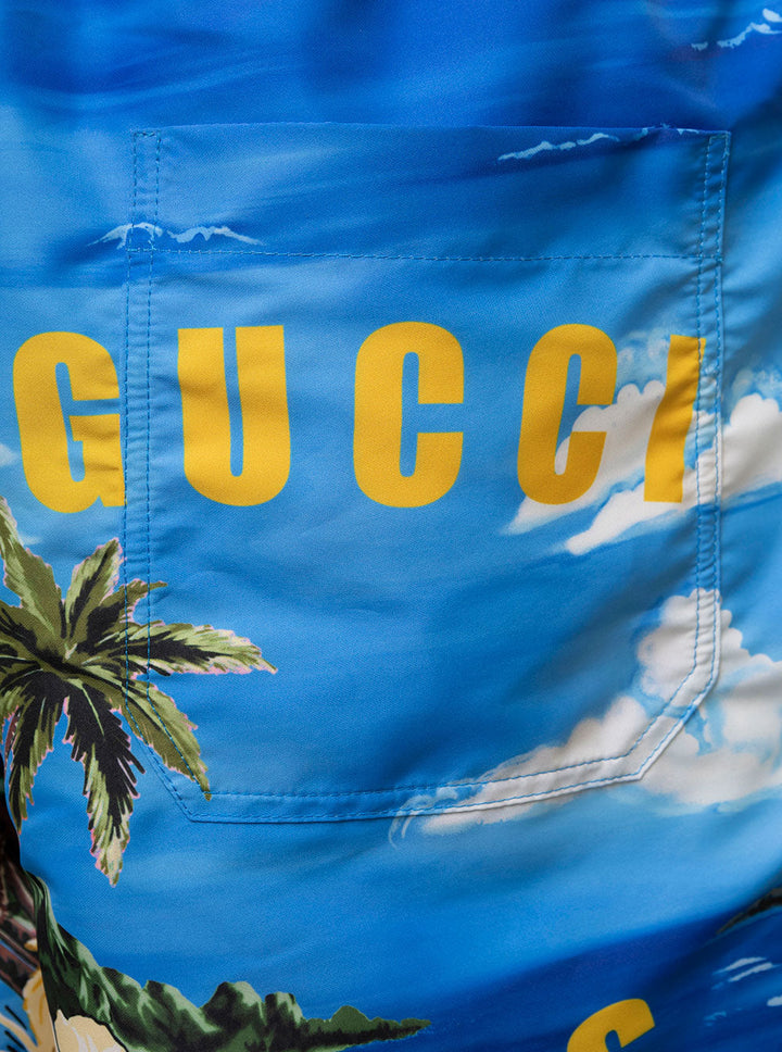 Gucci Men Light-Blue Swim Shorts With All-Over Graphic Print In Nylon Man