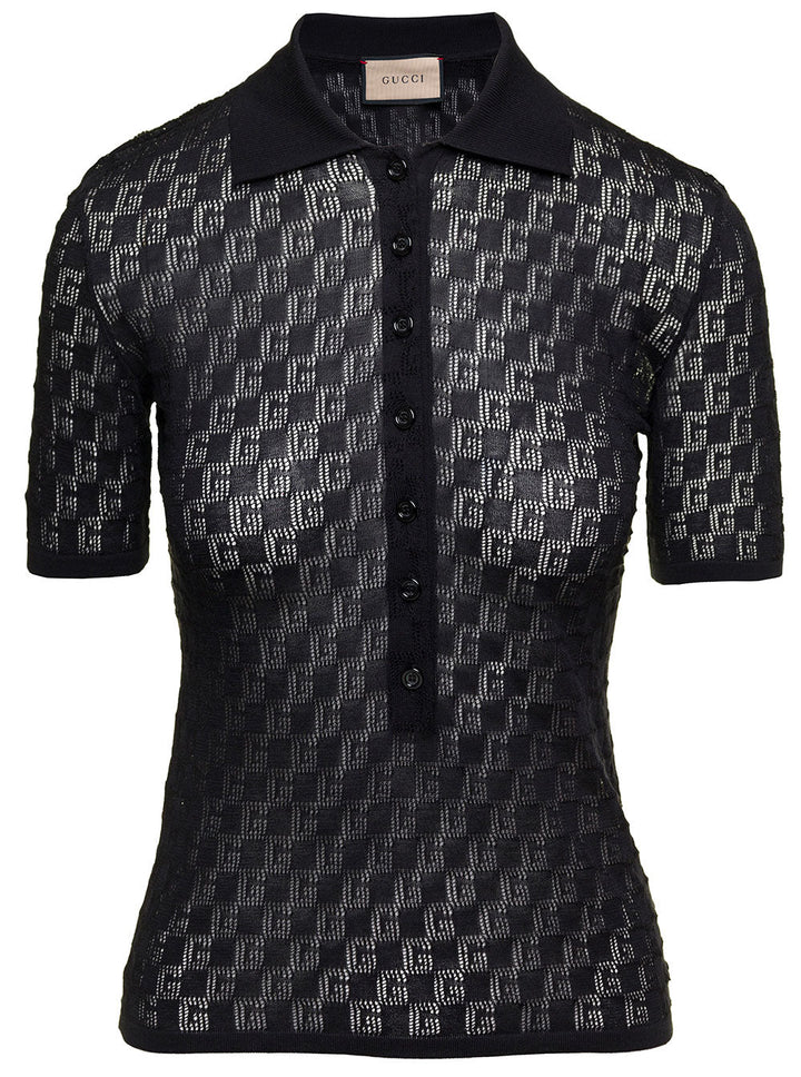 Gucci Women Black Polo Shirt With Button Closure And Gg Motif In Cotton And Silk Blend Woman