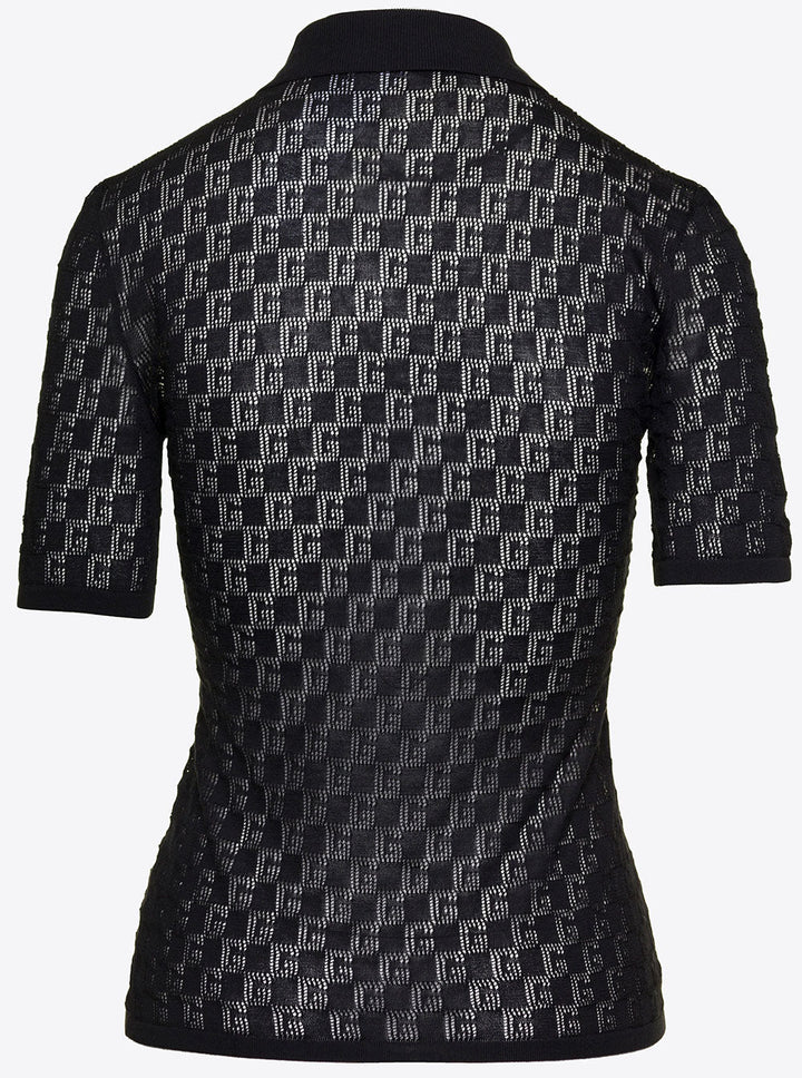 Gucci Women Black Polo Shirt With Button Closure And Gg Motif In Cotton And Silk Blend Woman