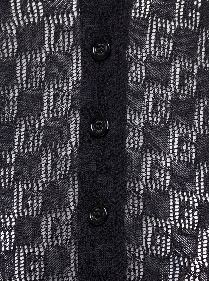 Gucci Women Black Polo Shirt With Button Closure And Gg Motif In Cotton And Silk Blend Woman