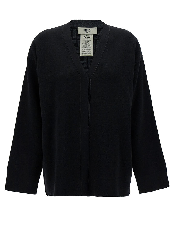 Fendi Women Black Reversible Cardigan With Jacquard Ff Motif In Knit Woman