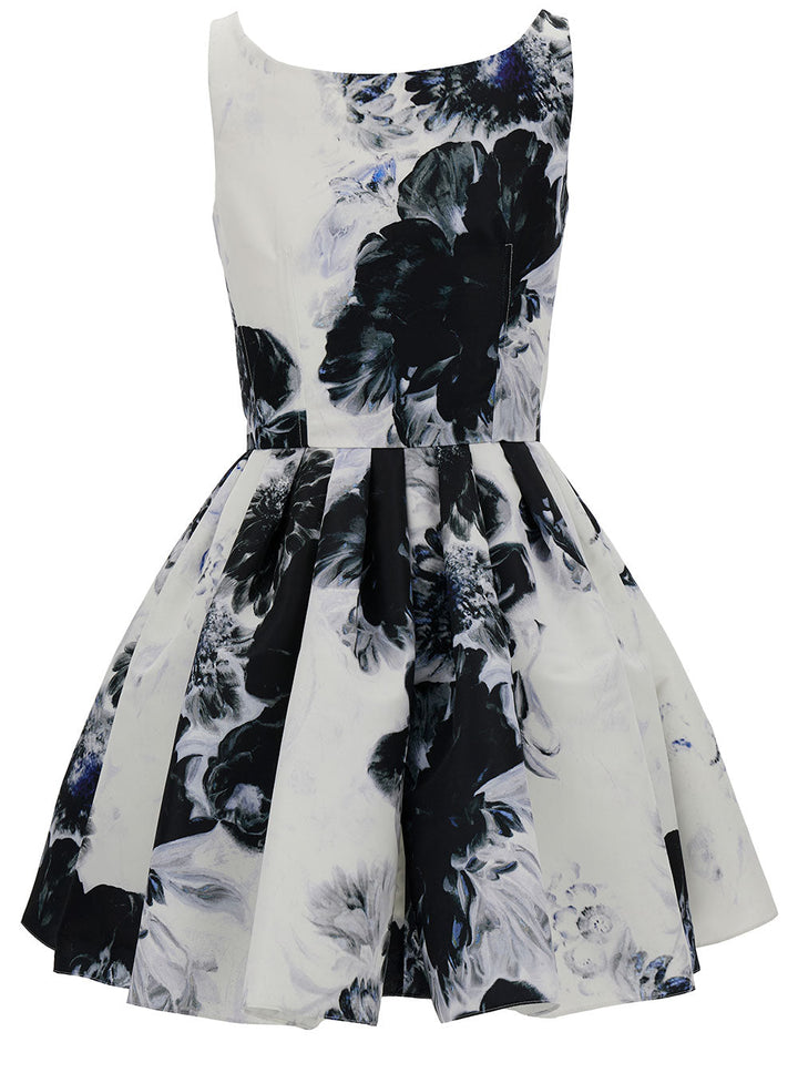 Alexander Mcqueen Women Mini White And Black Dress With All-Over Chiaroscuro Print In Polyfaille Woman