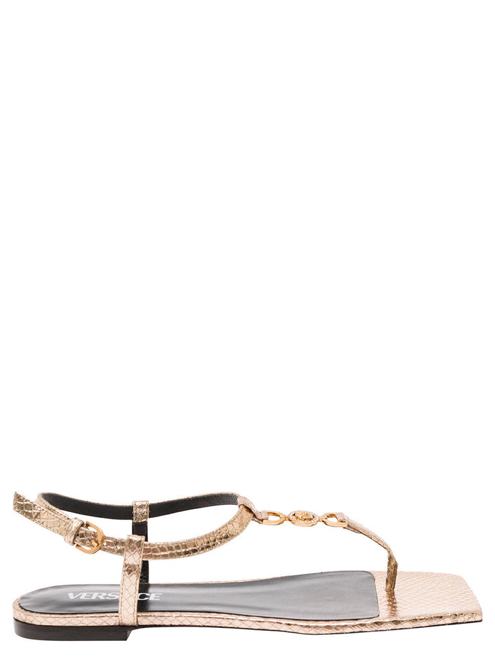 Versace Women 'Medusa '95' Gold-Colored Low Sandals With Logo Detail In Snake-Printed Leather Woman