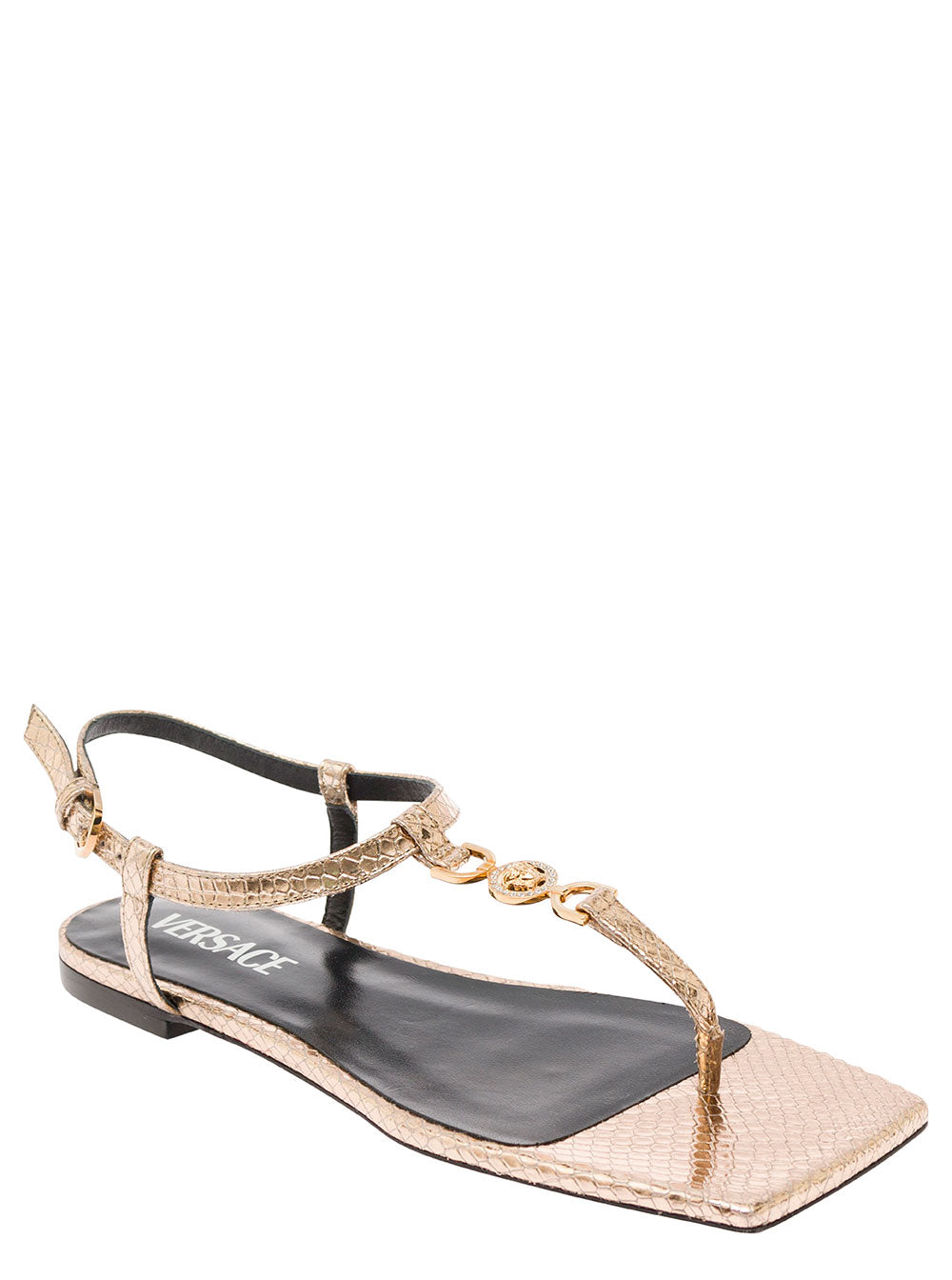Versace Women 'Medusa '95' Gold-Colored Low Sandals With Logo Detail In Snake-Printed Leather Woman