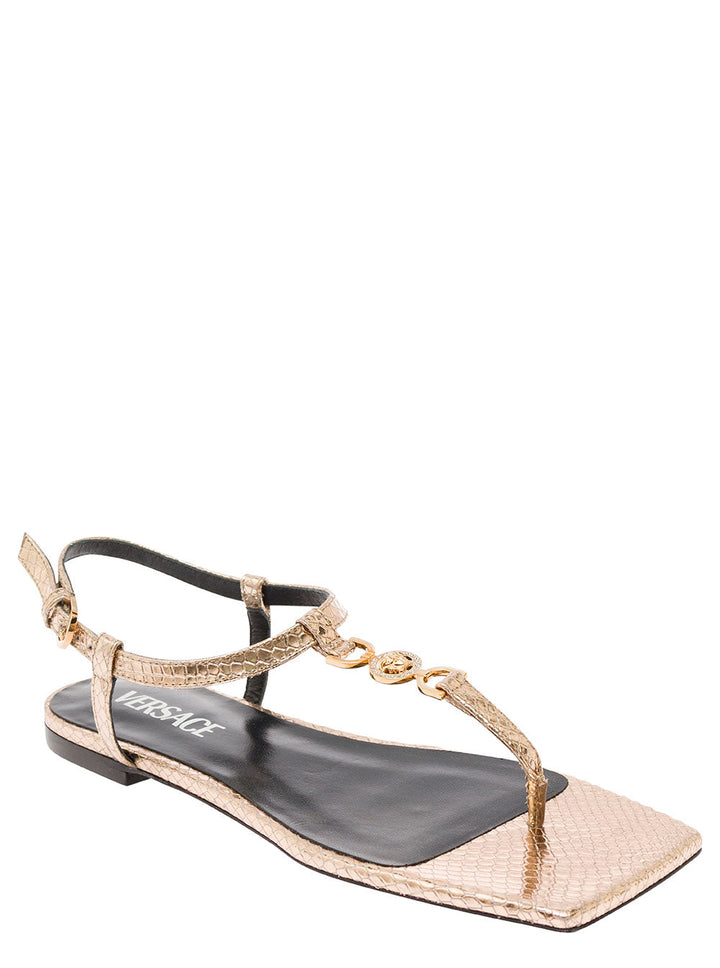 Versace Women 'Medusa '95' Gold-Colored Low Sandals With Logo Detail In Snake-Printed Leather Woman
