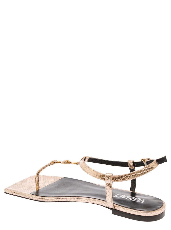 Versace Women 'Medusa '95' Gold-Colored Low Sandals With Logo Detail In Snake-Printed Leather Woman