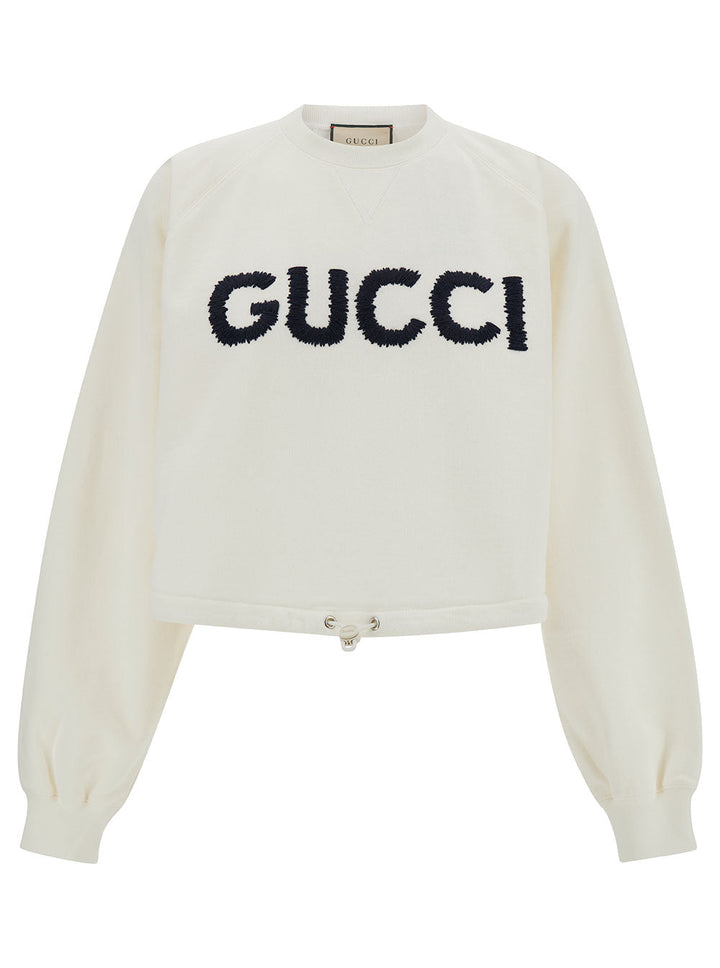 Gucci Women White Cropped Crewneck Sweatshirt With Logo Print In Cotton Woman