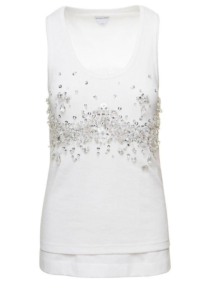 Bottega Veneta Women White Ribbed Tank Top With Embroidered Crystal Embellishment In Jersey Woman