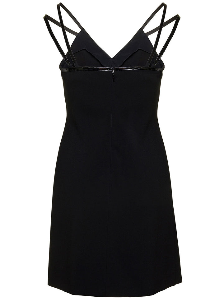 Gucci Women Mini Black Dress With Black Leather Trim And Double Strap In Stretch Viscose Woman
