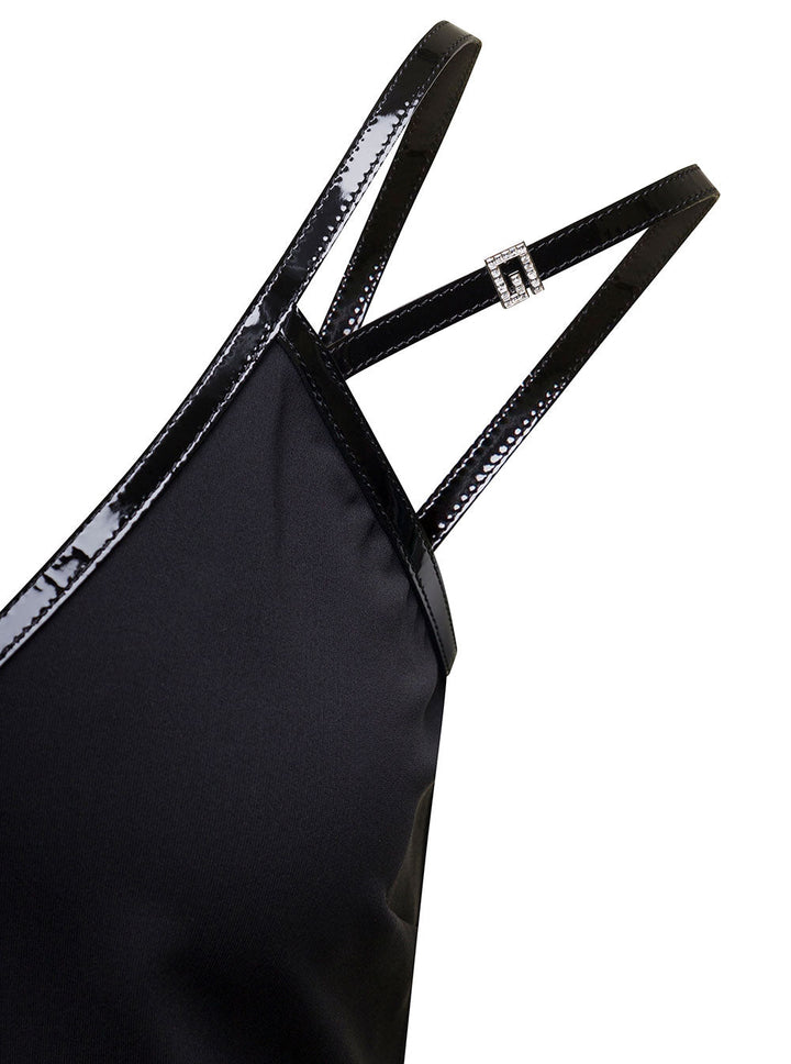 Gucci Women Mini Black Dress With Black Leather Trim And Double Strap In Stretch Viscose Woman