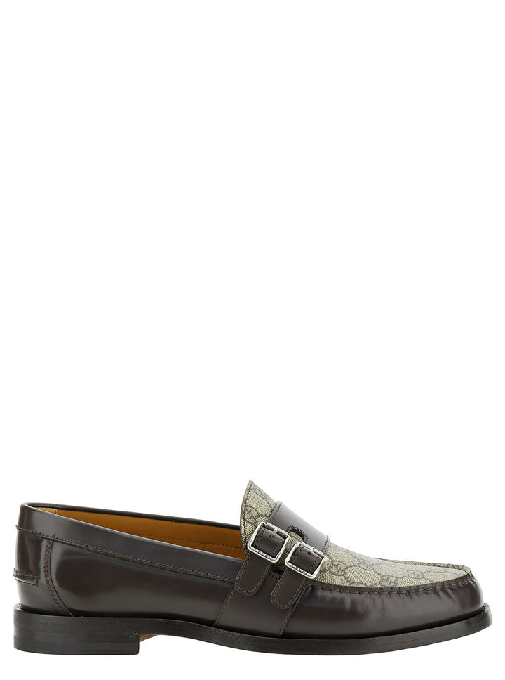 Gucci Men Beige And Ebony Loafers With Double Buckle In Leather And Gg Supreme Canvas Man