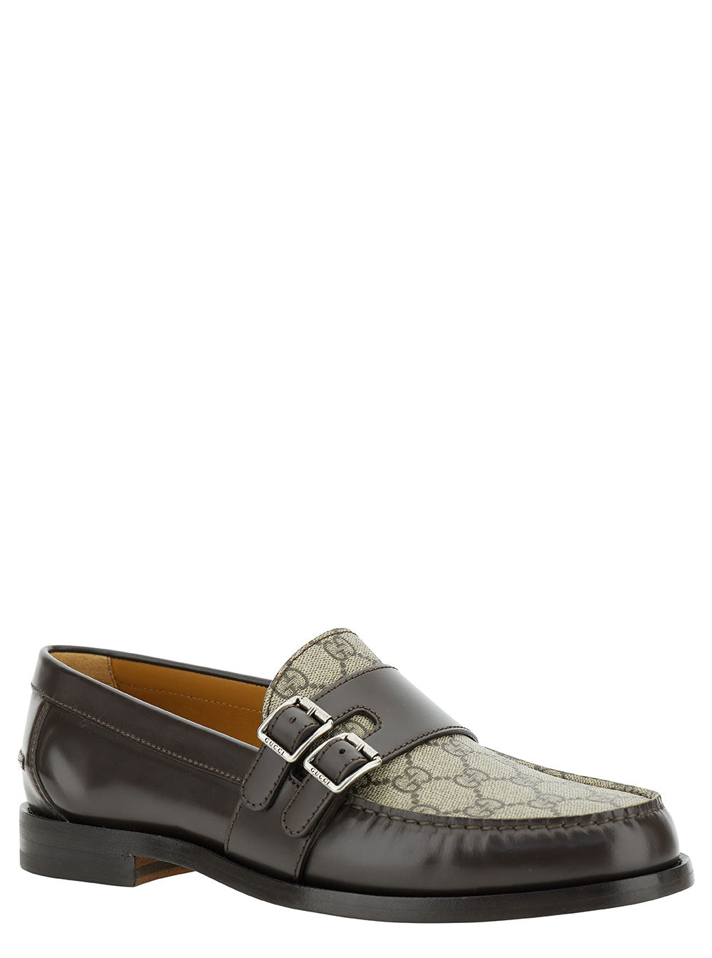 Gucci Men Beige And Ebony Loafers With Double Buckle In Leather And Gg Supreme Canvas Man