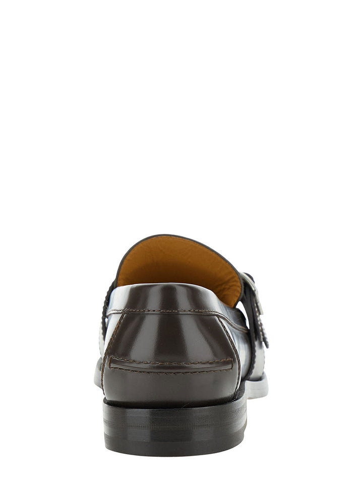 Gucci Men Beige And Ebony Loafers With Double Buckle In Leather And Gg Supreme Canvas Man