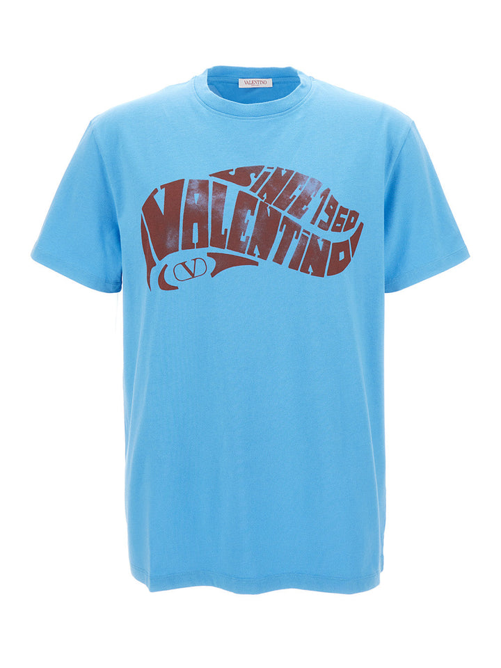 Valentino Men Light Blue Crewneck T-Shirt With Logo Print In Jersey Man