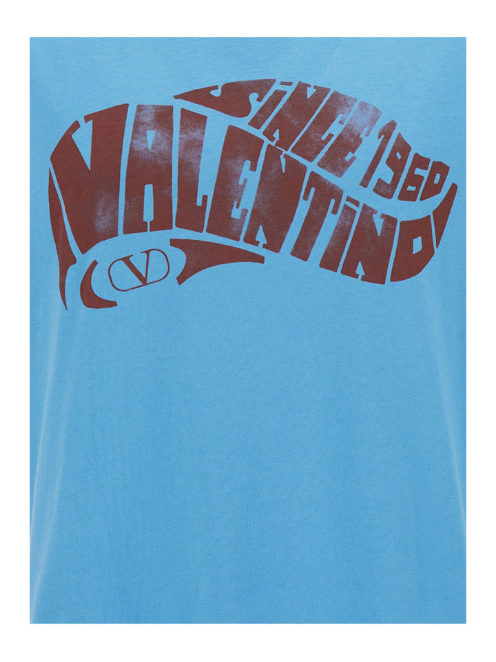 Valentino Men Light Blue Crewneck T-Shirt With Logo Print In Jersey Man