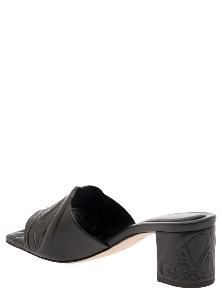 Alexander Mcqueen Women Black Slip-On Sandals With Embossed Logo In Padded Leather Woman