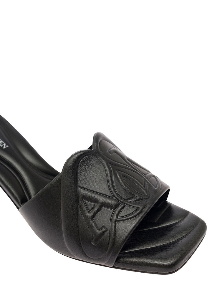 Alexander Mcqueen Women Black Slip-On Sandals With Embossed Logo In Padded Leather Woman