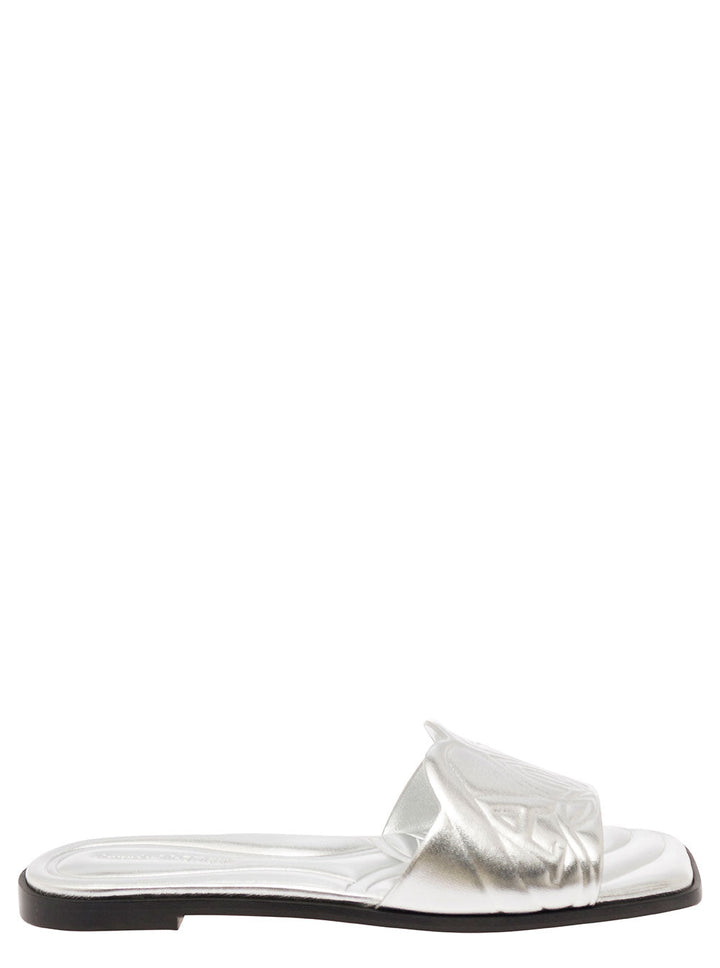 Alexander Mcqueen Women Metallic Flat Sandals With Embossed Motif In Metallic Leather Woman