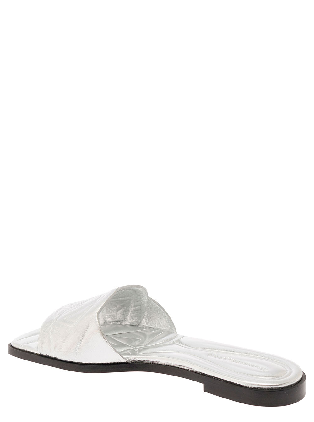 Alexander Mcqueen Women Metallic Flat Sandals With Embossed Motif In Metallic Leather Woman