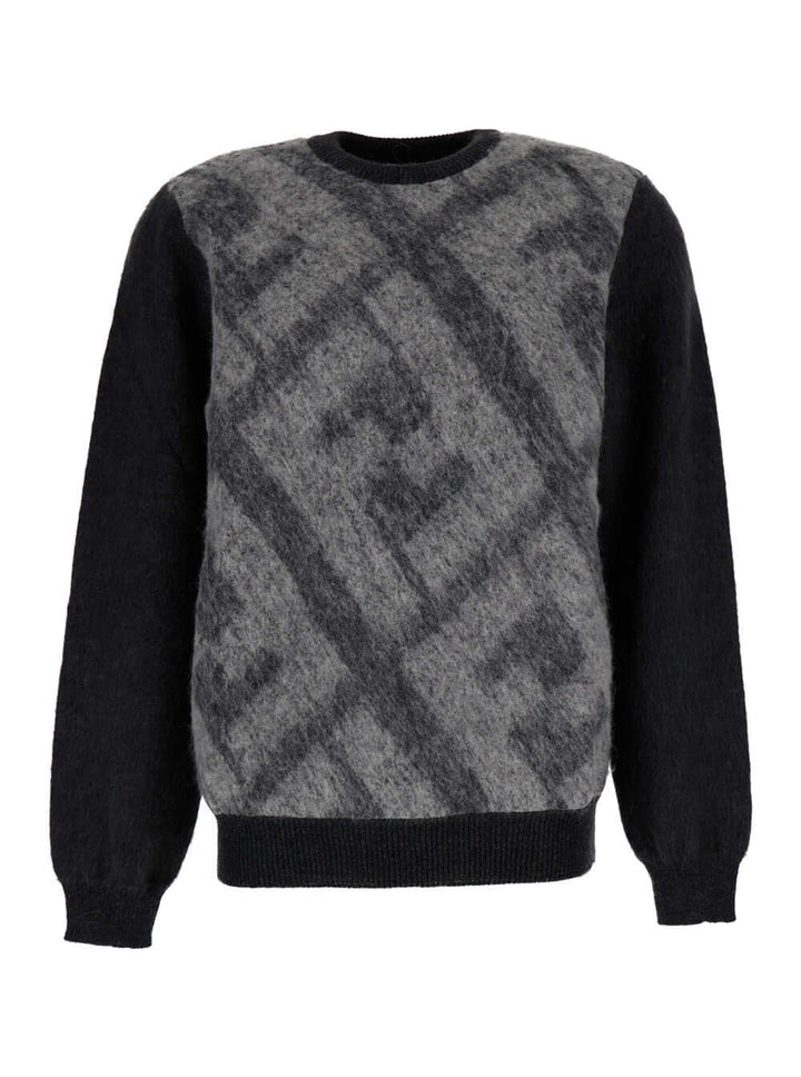 Fendi Men Grey Sweater With Jacquard Ff Motif In Wool Man