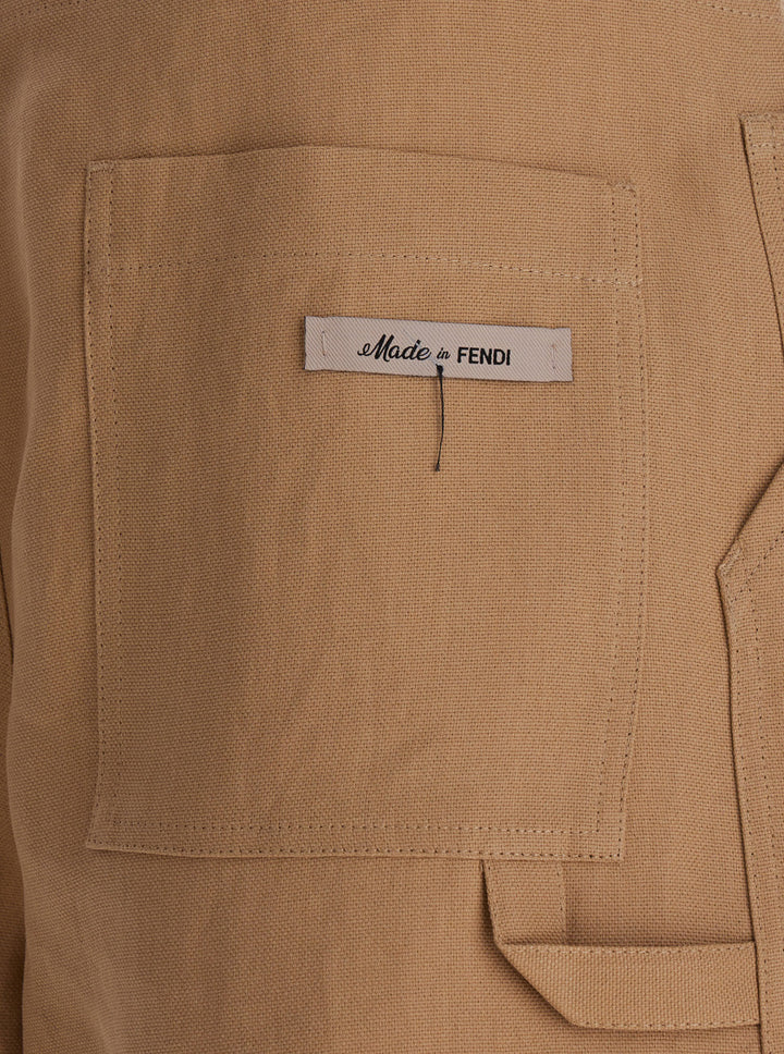 Fendi Men Bermuda Shorts With Front Wrokwear Pockets Beige In Technical Fabric Man