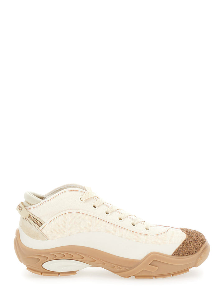 Fendi Men 'Fendi Lab' White Mid Top Sneakers With Fendi Shadow Motif In Cotton Man