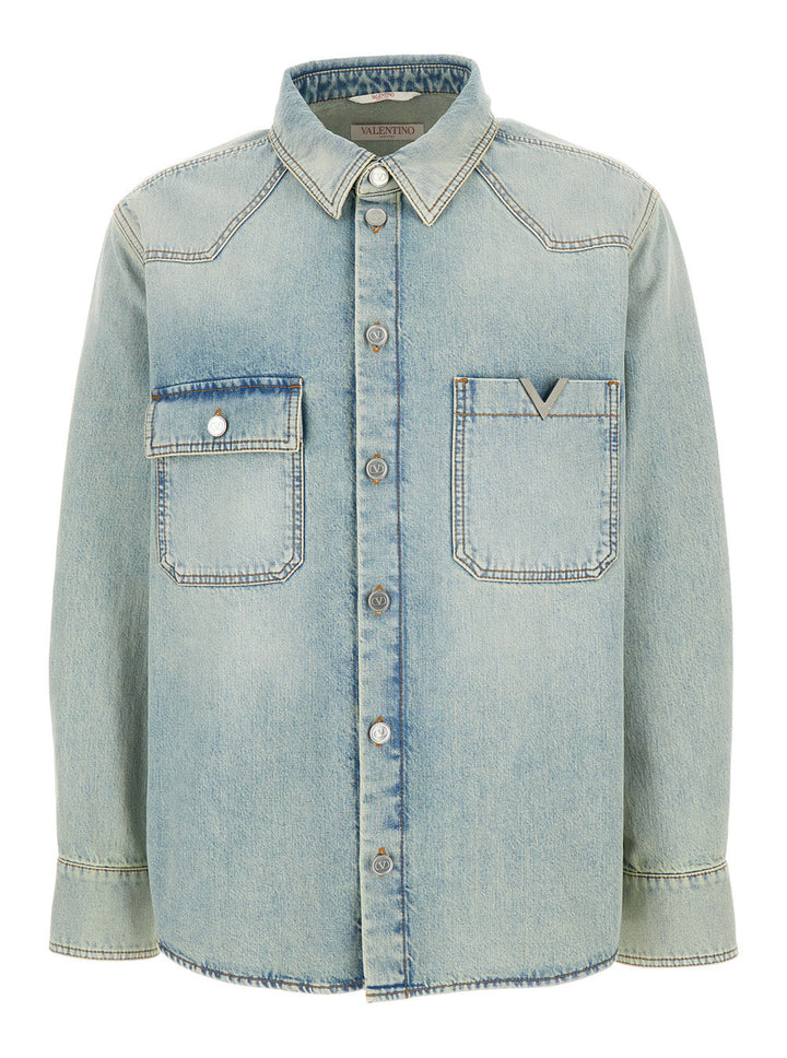 Valentino Men Light-Blue Denim Shirt With Logo In Cotton Man