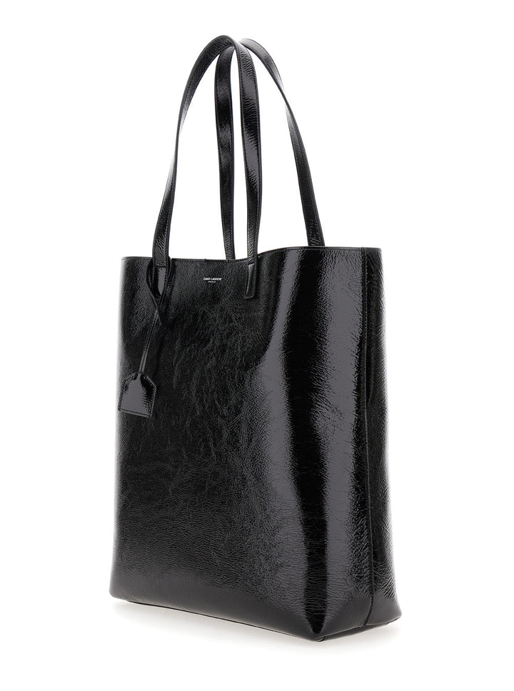 Saint Laurent Men 'Bold' Black Tote Bag With Embossed Logo In Coated Crinkled Leather Man