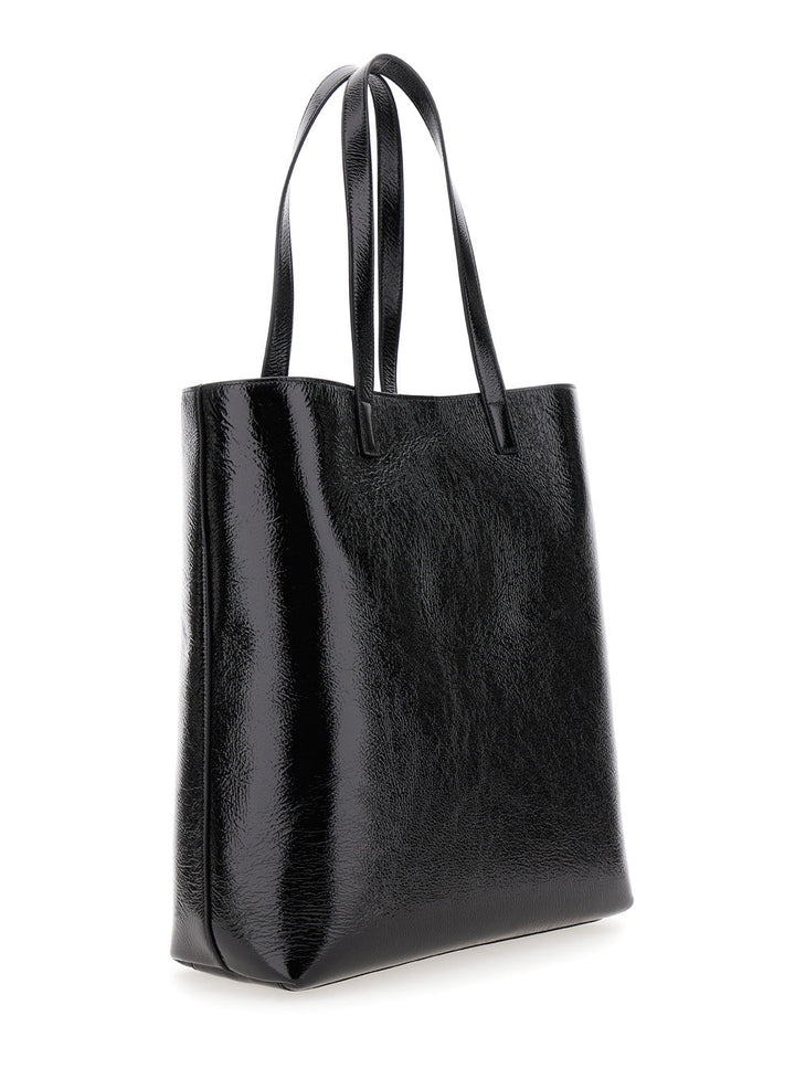 Saint Laurent Men 'Bold' Black Tote Bag With Embossed Logo In Coated Crinkled Leather Man