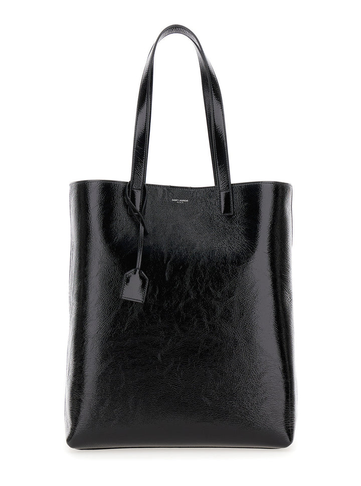 Saint Laurent Men 'Bold' Black Tote Bag With Embossed Logo In Coated Crinkled Leather Man