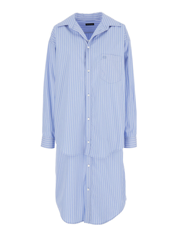 Balenciaga Women Light Blue Layered Shirt Dress With Bb Logo Embroidery In Cotton Woman