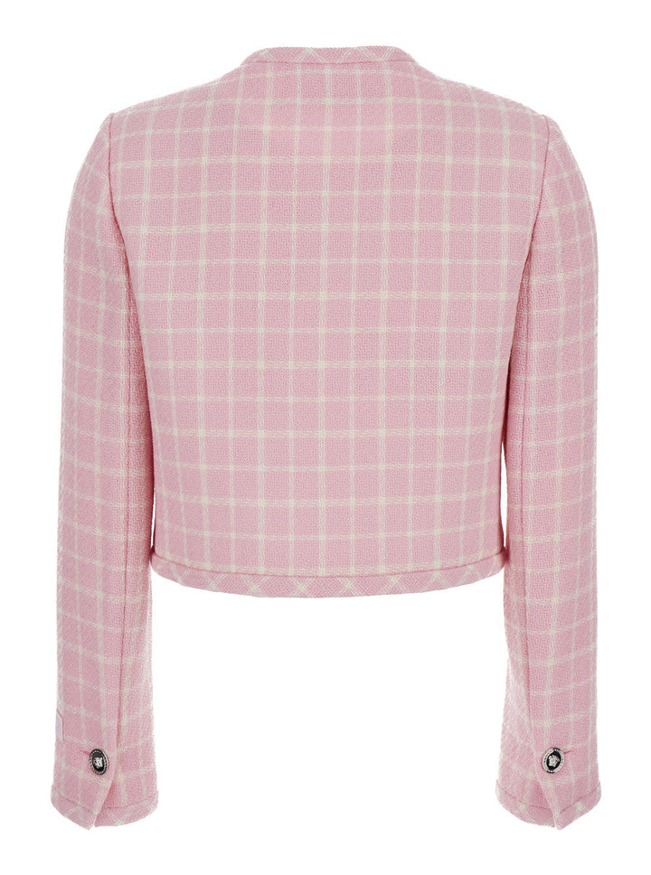 Versace Women Pink Checked Tweed Jacket With Medusa Head Buttons In Wool Blend Woman