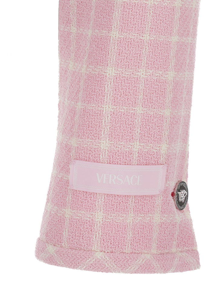 Versace Women Pink Checked Tweed Jacket With Medusa Head Buttons In Wool Blend Woman