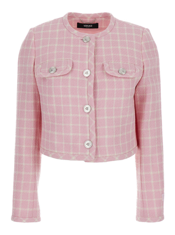 Versace Women Pink Checked Tweed Jacket With Medusa Head Buttons In Wool Blend Woman