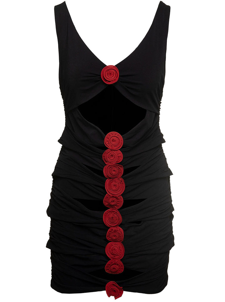 Magda Butrym Women Black Mini Dress With Signature Rose Appliqué In Viscose Woman
