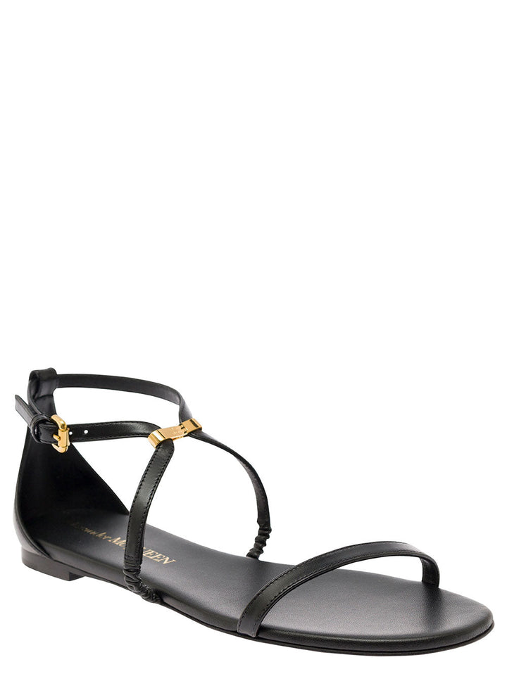 Alexander Mcqueen Women Black Low Sandals With Engraved Logo In Leather Woman