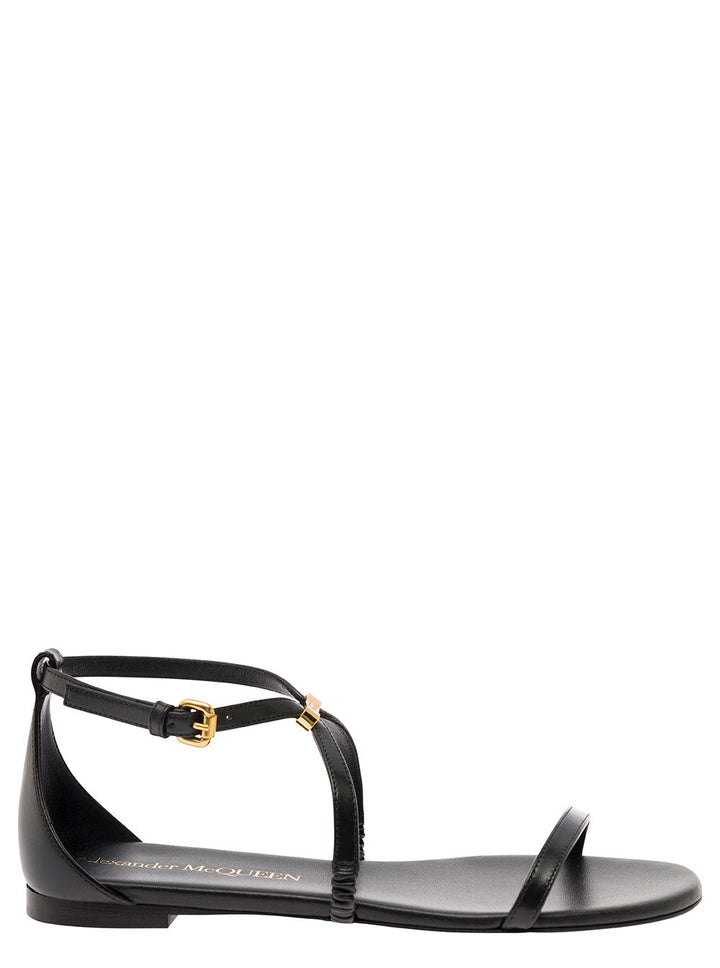 Alexander Mcqueen Women Black Low Sandals With Engraved Logo In Leather Woman