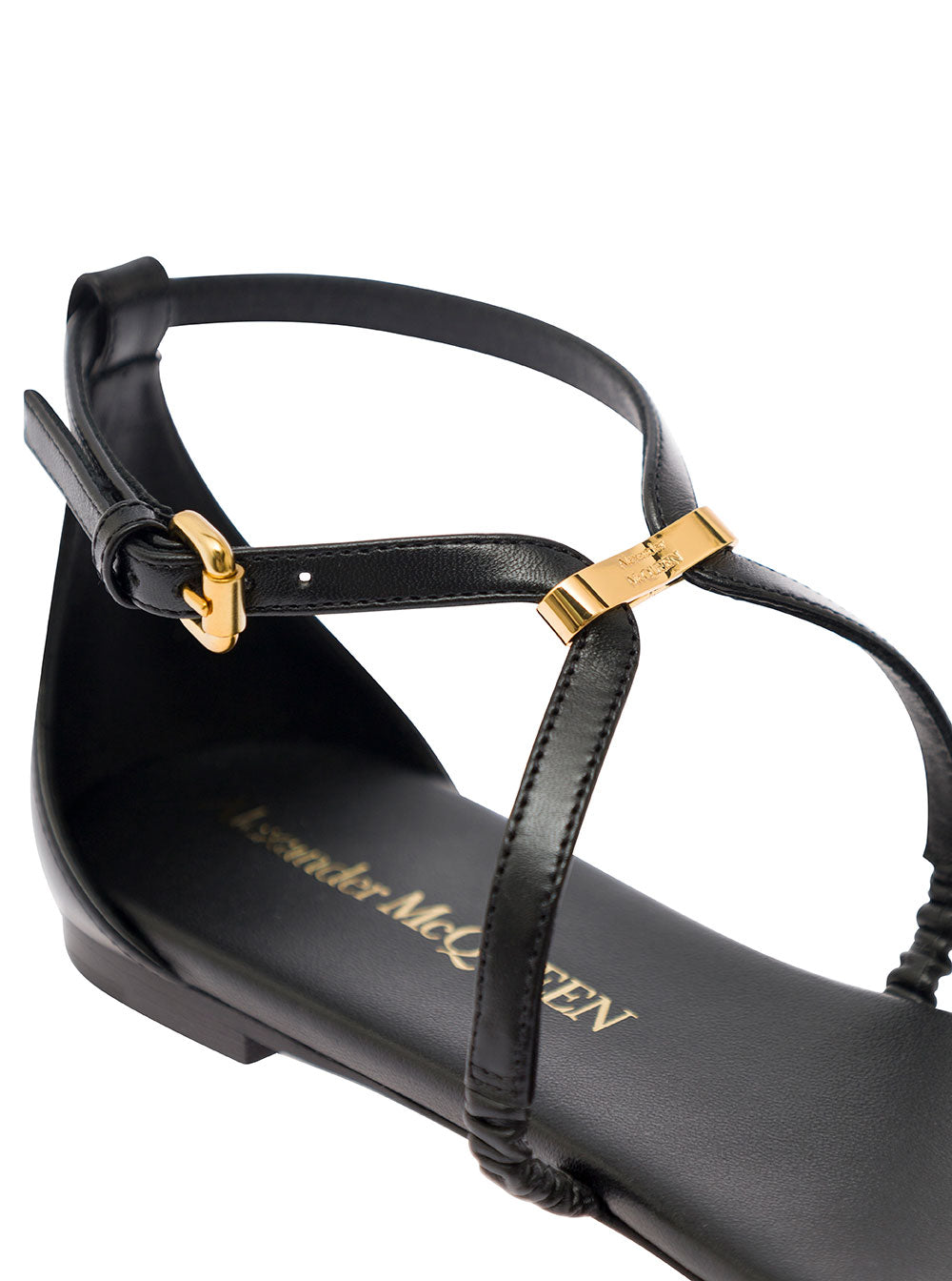 Alexander Mcqueen Women Black Low Sandals With Engraved Logo In Leather Woman