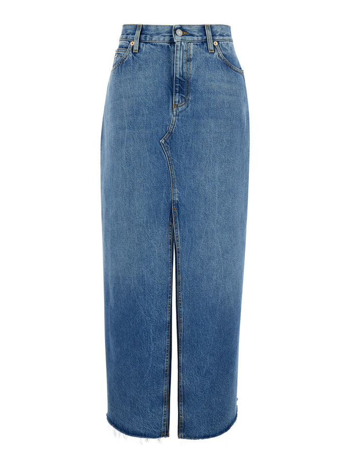 Gucci Women Light Blue Denim Midi Skirt With Horsebit In Cotton Woman