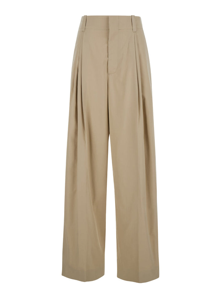Bottega Veneta Women Beige High-Waisted Pants With Pinces In Cotton Woman