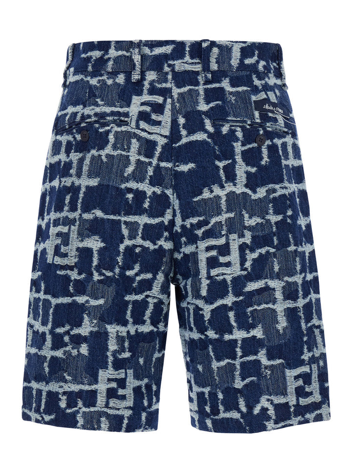 Fendi Men Blue Bermuda Shorts With Ff Print In Cotton And Linen Man