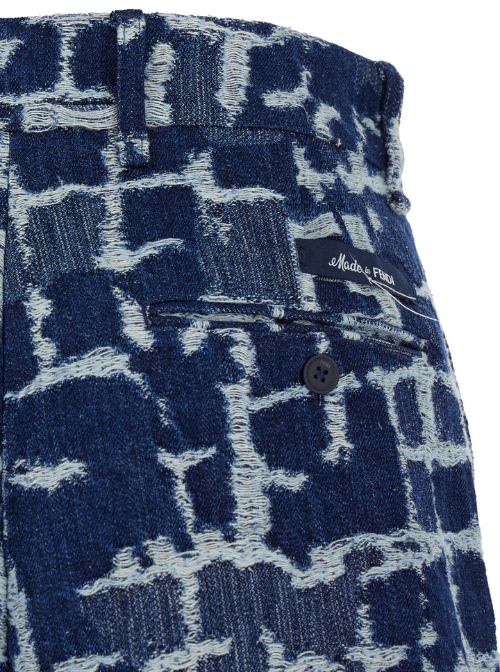 Fendi Men Blue Bermuda Shorts With Ff Print In Cotton And Linen Man