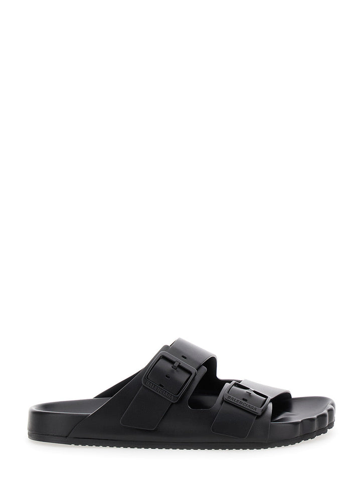 Balenciaga Men 'Sunday' Black Sandals With Engraved Logo In Leather Woman